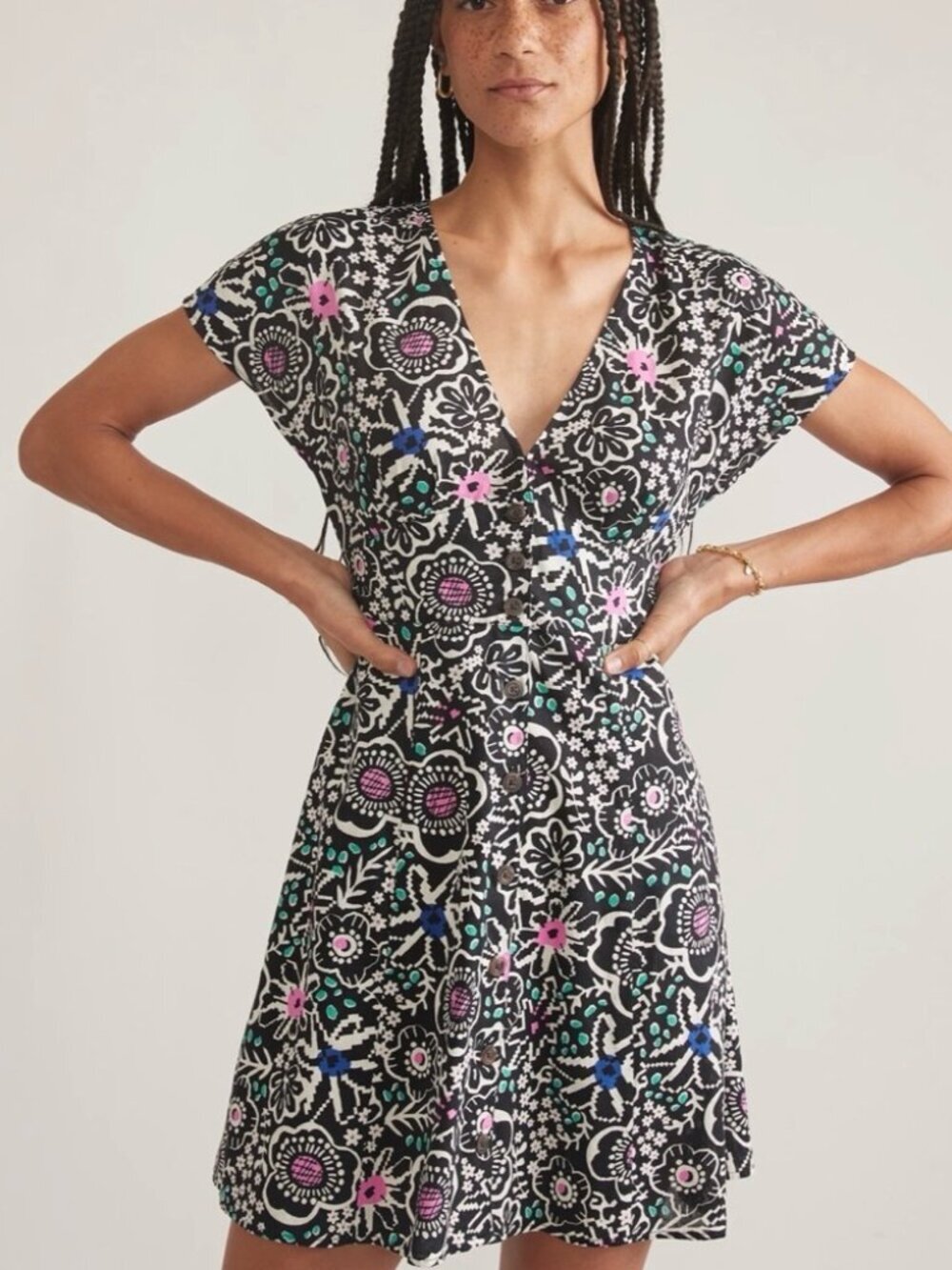 Marine Layer Camila Mini Dress Hemp Flare Floral V Neck Pockets Black Size Small